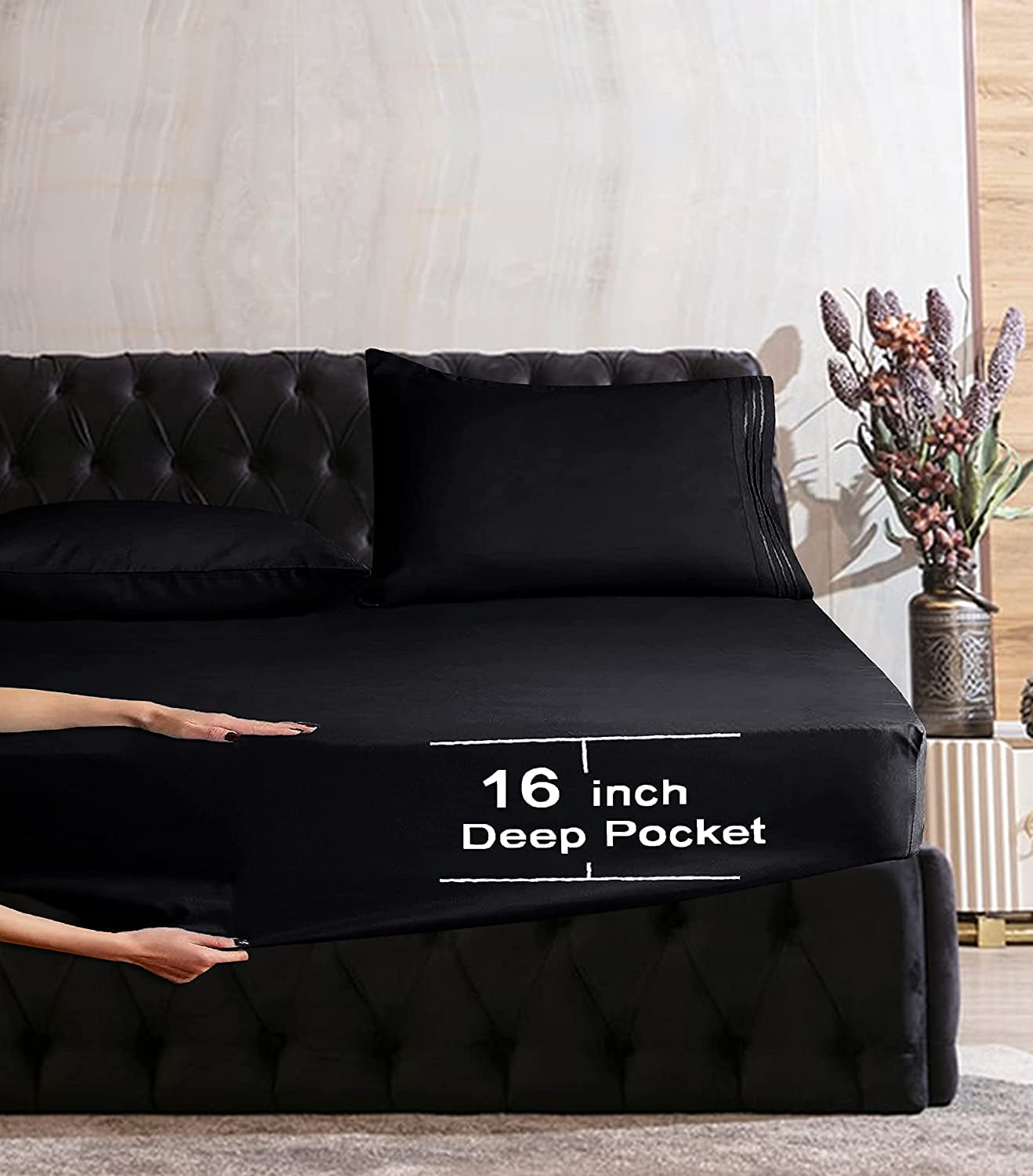 1500 Series Soft 1-Piece Fitted Sheet, California King Black