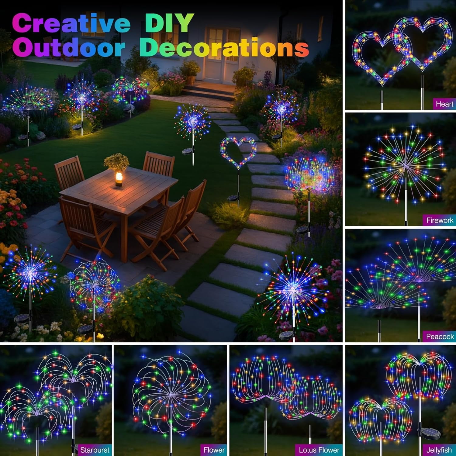 10 Pack Solar Garden Lights Outdoor, 120 LED Firework Lights with 8 Modes, Waterproof Twinkle Fairy Lights for Yard Patio Pathway Pool Party Decor, Multicolor