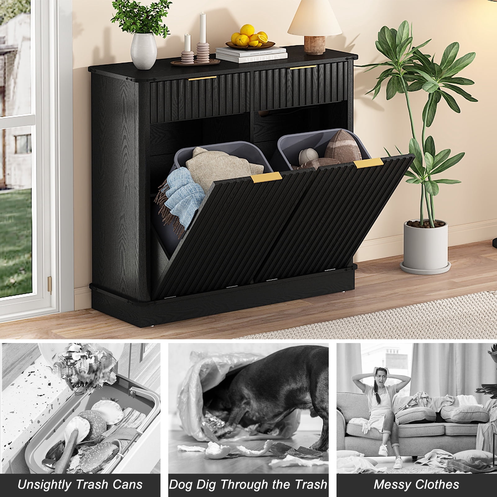 Blotout 20 Gallon Double Tilt-Out Trash Cabinet,Fluted Laundry Hamper Cabinet with 2 Drawers & Charging Station,Hidden Wooden Garbage Can Cabinet for Kitchen & Living Room