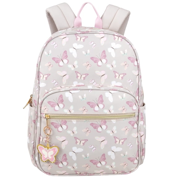 Madison & Dakota Beige Butterfly 17 Inch Backpack with Laptop Pocket & Removable Keychain