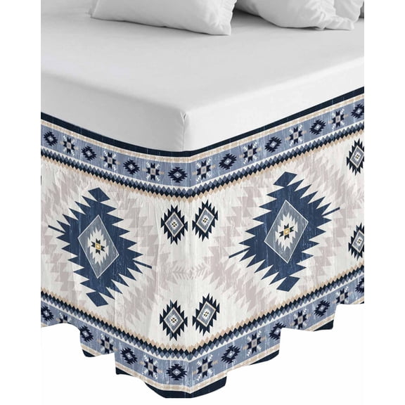 Blue Beige Boho Wrap Around Bed Skirts for King Bed 18" Drop,Bed Skirt with Adjustable Elastic Belt Dust Ruffle Bed Valance for Bedroom Hotel Luxury Vintage Ethnic Tribal Southwestern Bed Frame Cover