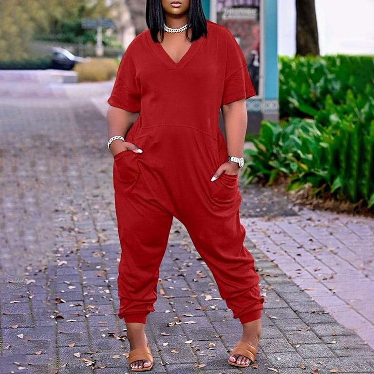 Katedral tønde Fortryd Jumpsuit for Women! MIARHB Plus Size V Neck Short Sleeve Zipper Overalls  with Pockets Wide Long (S-5XL) Red M - Walmart.com