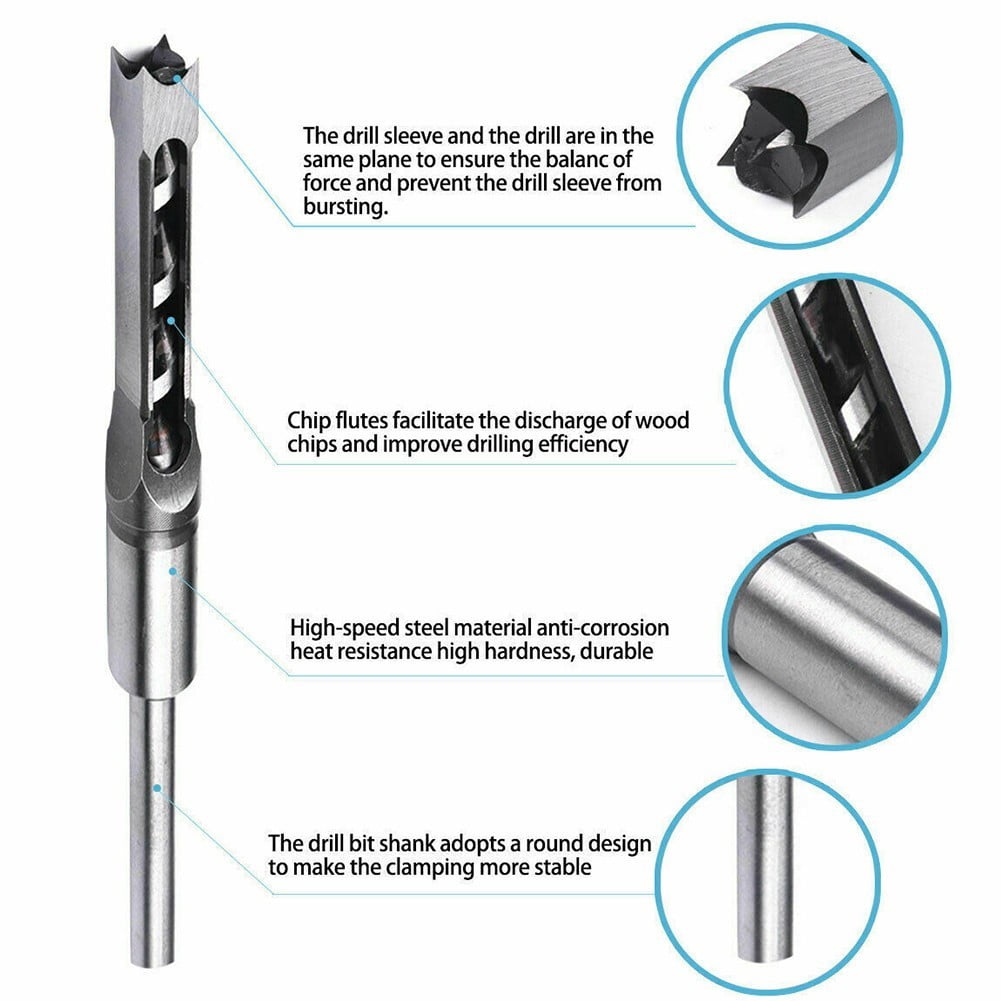 3Pcs Square Hole Auger Drill Bit Set Mortising Woodworking Saw Mortise Chisel