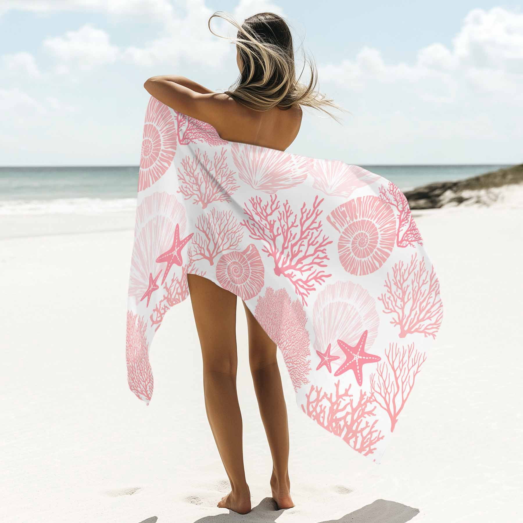 Pink Costal Ocean Beach Towels Blanket Soft&Absorbent Quick Dry Microfiber Coral Starfish Shell Pool Towels for Swimming ,Yoga, Sports, Gym, Camping,Large 35X70in, White