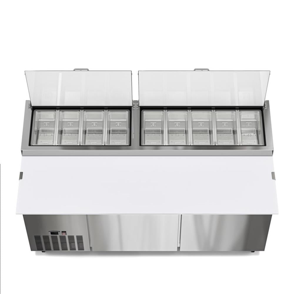Pemberly Row Silver 71" Two Door Commercial Pizza Prep Refrigerator in Steel