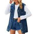 thumbnail image 2 of BLTIBY Women's Denim Vest Loose Lapel Blue Jacket Vintage Button Down Distressed Short Denim Jean Sleeveless Coat with Pockets Dark Blue M, 2 of 7