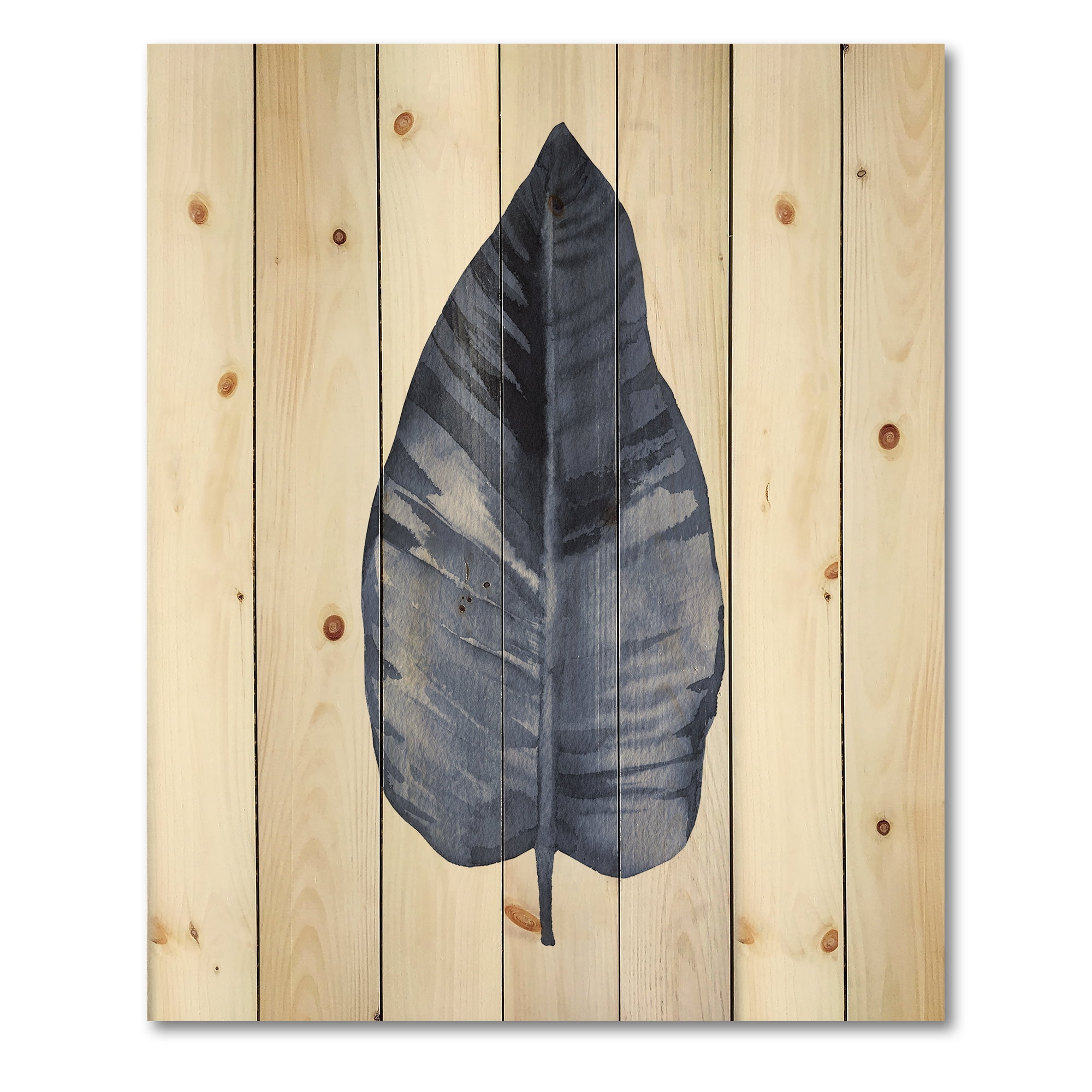 Designart 'Blue Leaf Watercolour On White Background' Traditional Print on Natural Pine Wood