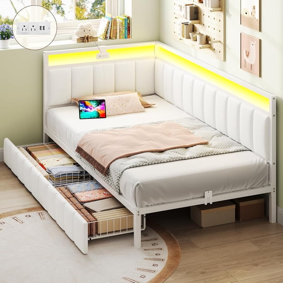 Twin XL Size Corner Bed Frame with 2 Storage Drawers,Twin XL Daybed with Charging Station and Led Lights,Metal Platform Corner Bed with Upholstered Guardrail,Modern Bed Frame,Beige