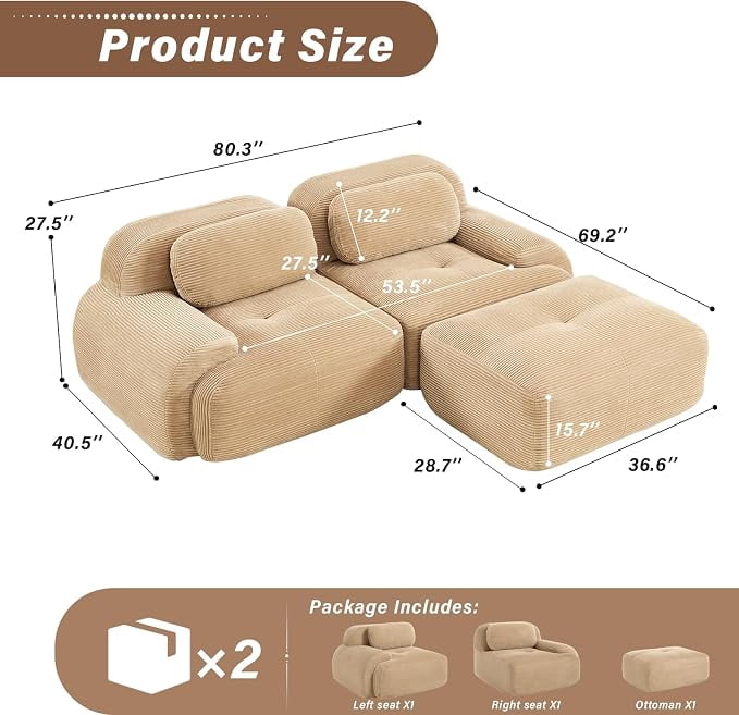 Howcool 80" Modern Corduroy Boneless Love Seat Couches with 1 Ottoman,2 Seater Large Sectional Couches for Living Room,Cloud Modular Sectional Sofa,Memory Foam, Extra Deep Loveseat,No Assembly,Camel