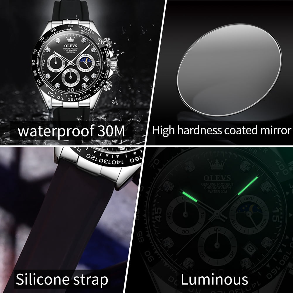 OLEVS Watches for Men Chronograph Multifunction Sport Silicone Luxury Dress Diamond Moon Phase Quartz Male Watch Waterproof Mens Wrist Watches Reloj para Hombre,Gold/Black/White/Blue/Grey Dial