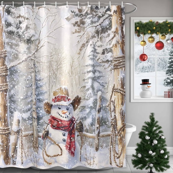 Christmas Shower Curtains for Bathroom, Western Cowboy Snowman Christmas Tree Snow Scene Waterproof Fabric Shower Curtain for Bathroom Bathtub Decoration, Machine Washable, 72"x84"