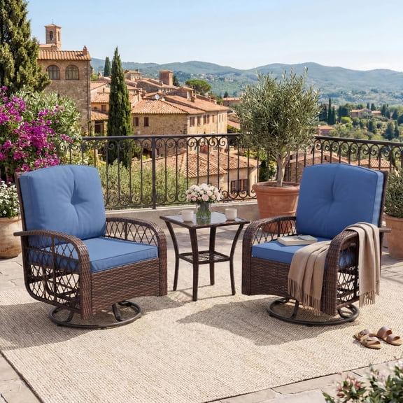3-Piece Outdoor Patio Furniture Set, Wicker Swivel Rocking Chairs with Thick Cushions and Glass Coffee Table, Backyard & Garden Bistro Rocker Set, Brown Blue Cushion