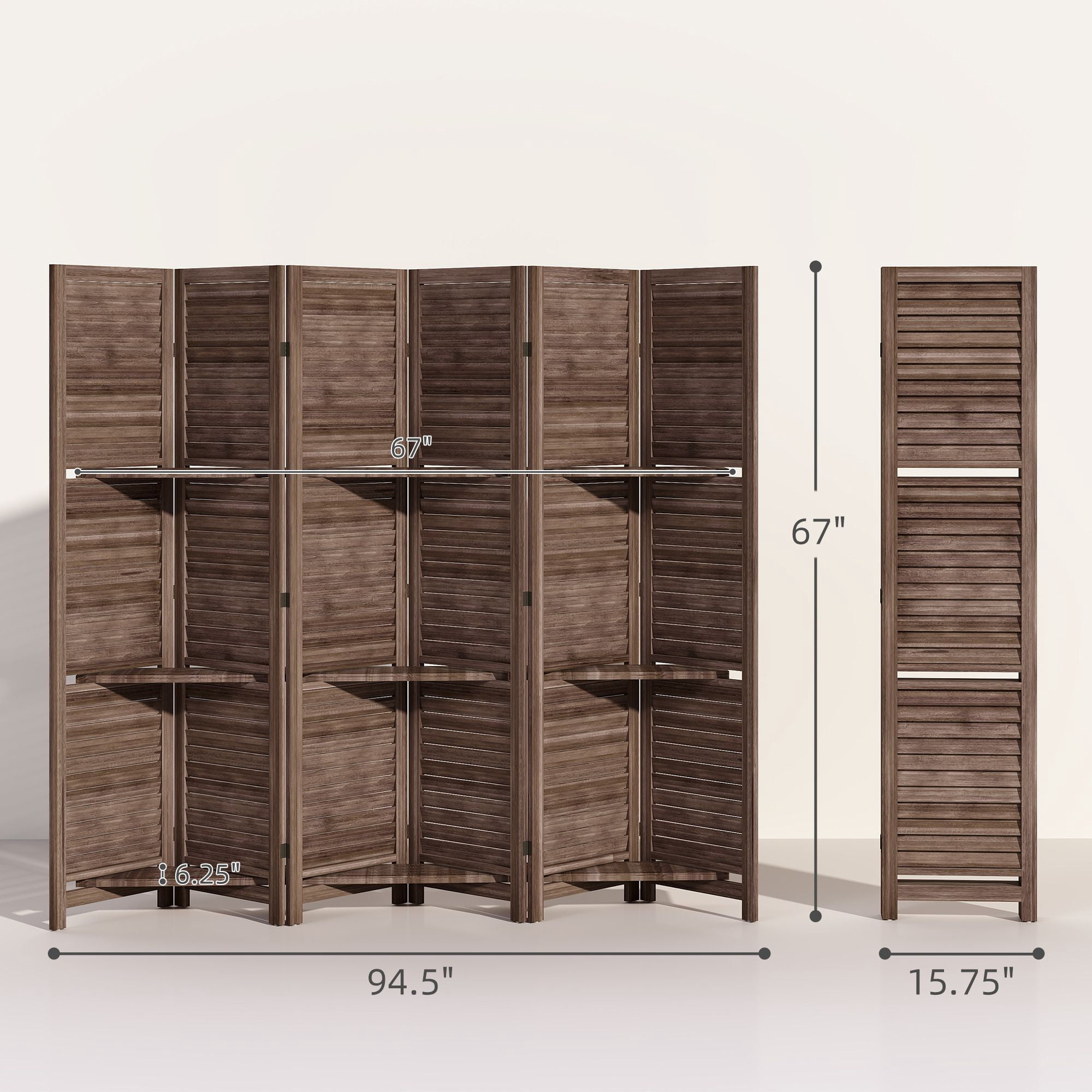 Alvantor 6 Panel Freestanding Room Divider in Walnut with Storage Shelves, 67 Inch Wood Privacy Screen