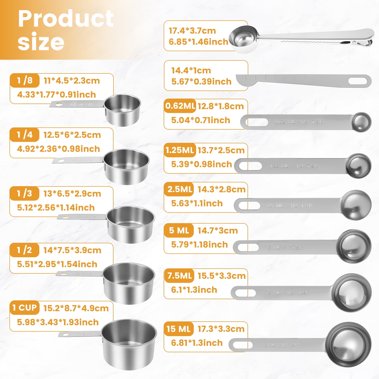 FUYGRCJ 13PCS Stainless Steel Measuring Cups and Spoons, Stackable Metal Measuring Cups and Spoons, Coffee Scoop Spoon, Kitchen Utensils Gadgets for Cooking & Baking