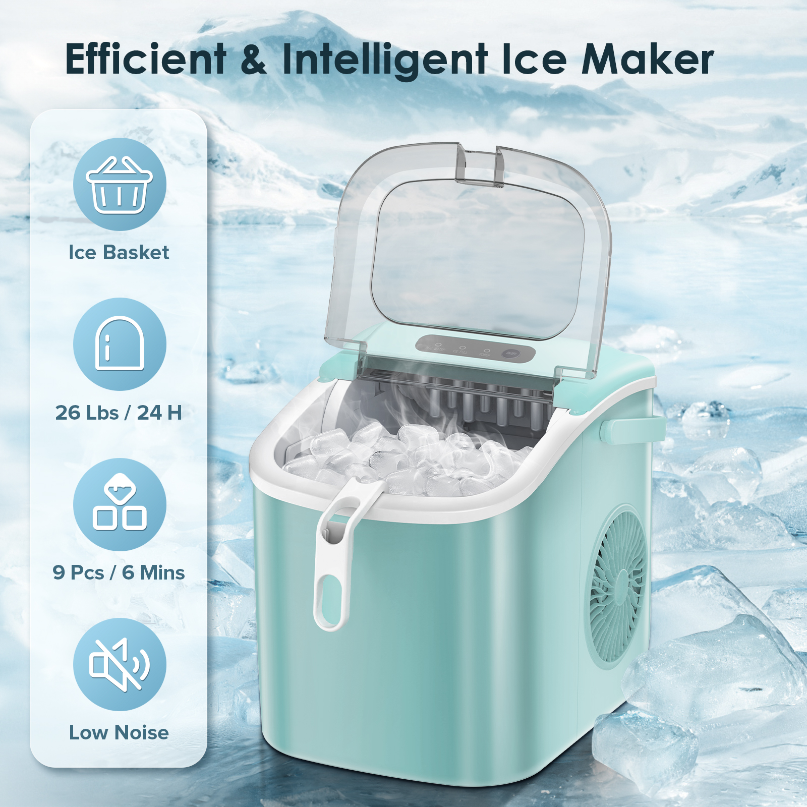 Lhriver Countertop Ice Maker, Portable Ice Machine with Handle, 26Lbs/24H, 9Pcs/6Mins, One-Click Operation Ice Makers, with Ice Scoop and Basket, for