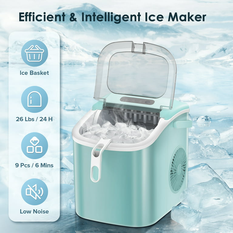 Lhriver Countertop Ice Maker, Portable Ice Machine with Handle, 26Lbs/24H, 9Pcs/6Mins, One-Click Operation Ice Makers, with Ice Scoop and Basket, for