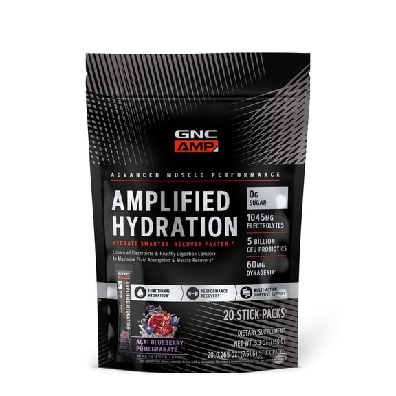 GNC AMP Amplified Hydration Electrolyte Powder Drink Mix | Enhanced Electrolyte & Healthy Digestion Complex | Acai Blueberry Pomegranate | 20 Stick Packs