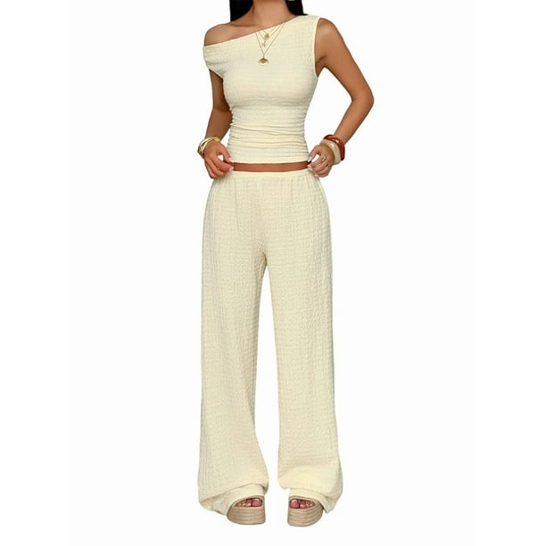 Conjuntos de Dos Piezas para Mujer, Top Corto Informal de un Solo Hombro, Pantalones Anchos y Conjuntos Y2K A Juego. Amarillo L