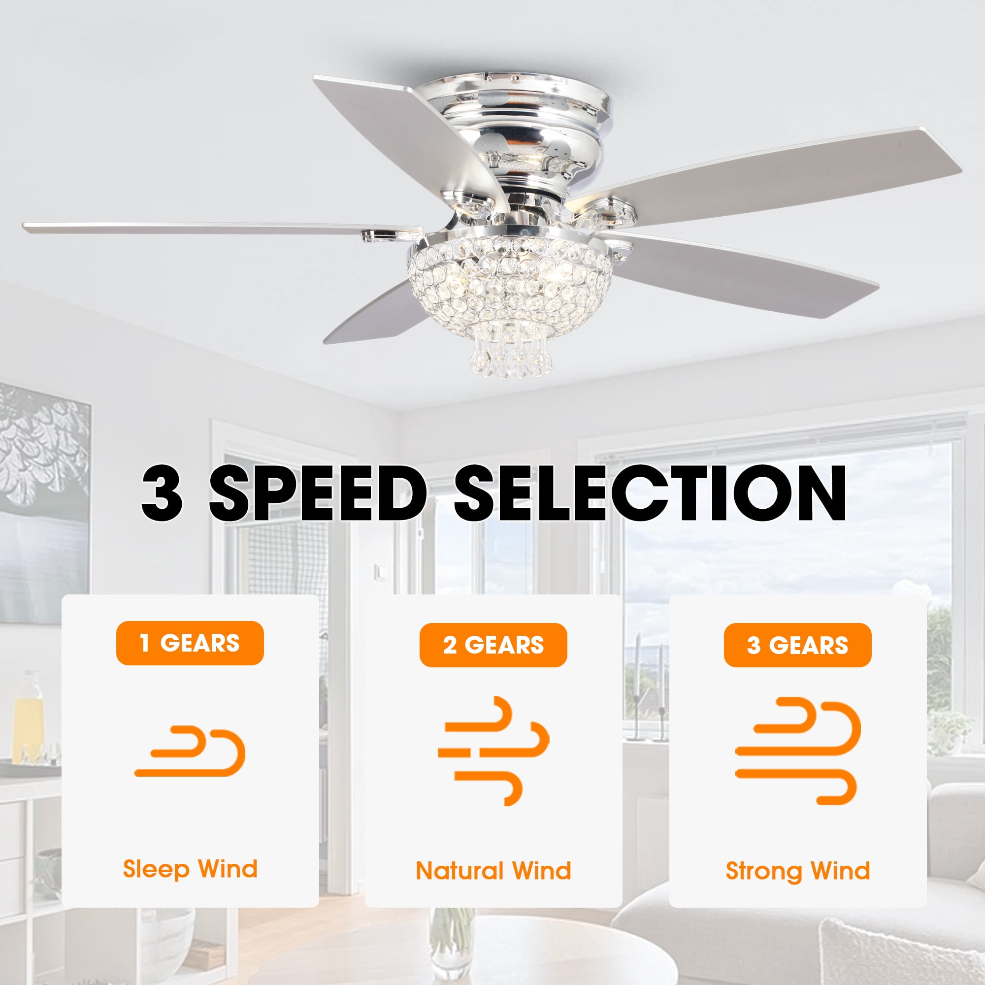 Parrot Uncle 52" Modern Chrome Flush Mount Chandelier Ceiling Fan with Lights and Remote, Low Profile Ceiling Fan for Bedroom, Living Room