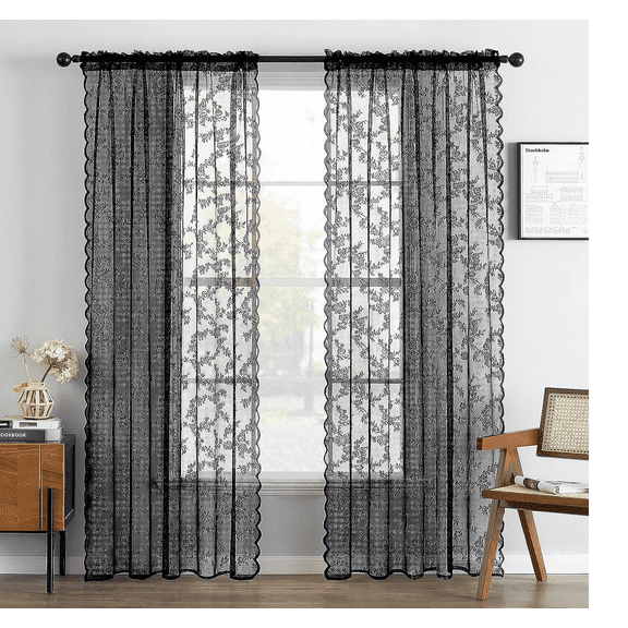 Lace Black Sheer Window Curtain Panel Decorative Drapes Set of 2 Panels Size 84"