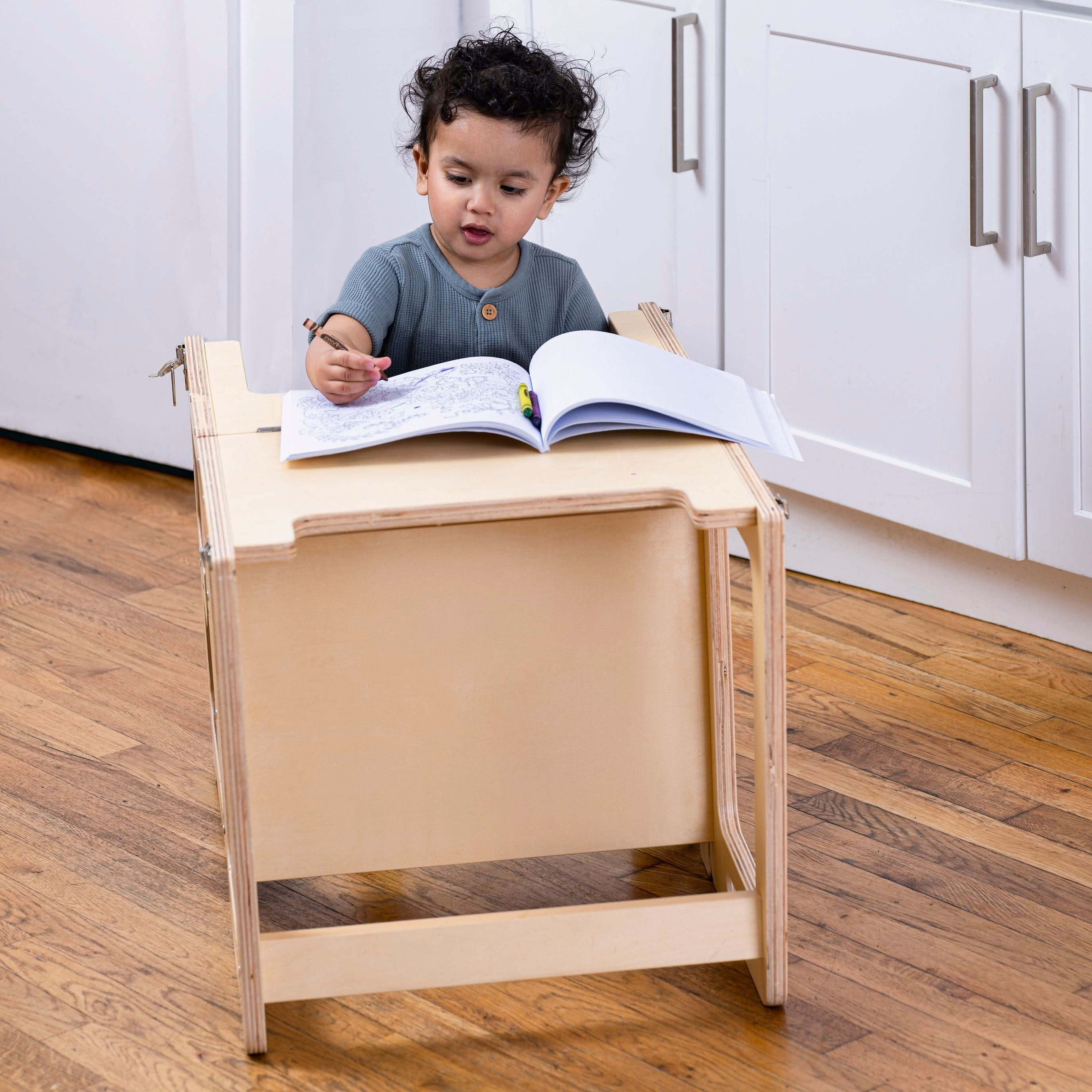 Avenlur Date 4-in-1 Foldable Kitchen Tower - Toddler Step Stool with Chalkboard, Desk Table and Chair - Waldorf and Montessori Kitchen Stool - Kitchen Stool Tower for Toddlers 18 Months to 6 Years