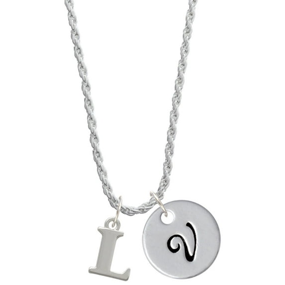 Delight Jewelry Silvertone Large Initial - L - Silvertone Script Initial Disc - V - Charm Necklace, 20"+3"