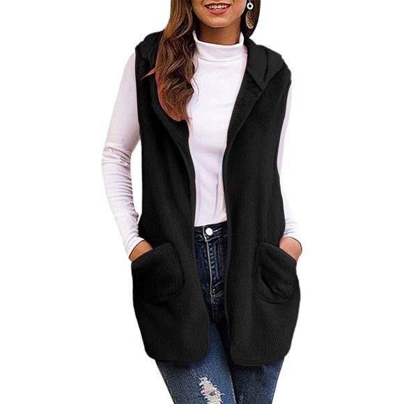 aohooy Womens Outerwear Vest Open Front Sleeveless Fleece Hooded Sherpa Vests Fuzzy Warm Solid Cardigan Outwear Jackets with Pockets Black,S