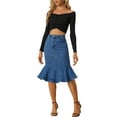 thumbnail image 2 of CURVOSPORT Fishtail Denim Skirt for Women's High Waist Bodycon Jean Ruffles Skirts XS Dark Blue, 2 of 6