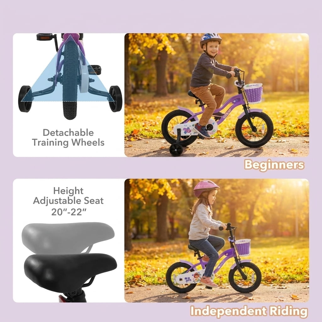 Redsmile Kids Bike 12 Inch with Training Wheels for Boys Girls Aged 3-4 Years Old, Toddler Bicycle with Adjustable Seat and Rider Height 31.5"-41.3", 110 lb Capacity, Purple