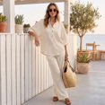 thumbnail image 4 of Women's Waffle Sets 2 Piece Batwing Sleeve Button Down Shirt Pants Outfit Casual Summer Vacation Clothing Beige S, 4 of 7