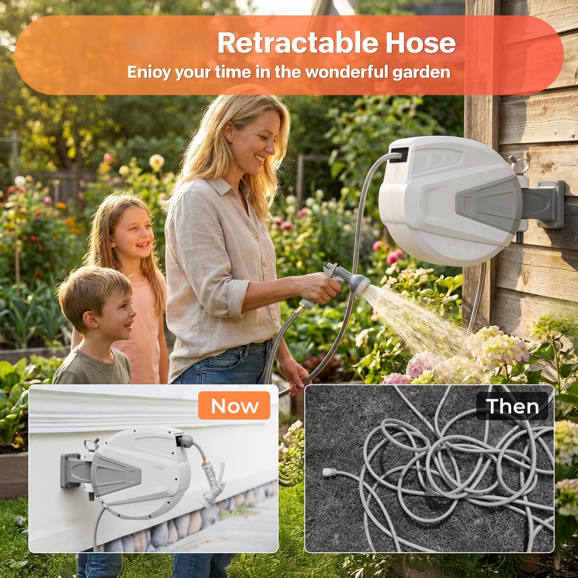 Retractable Garden Hose Reel 1/2 In X 65 Ft Wall Mounted  With 9- Function Sprayer Nozzle Any Length Lock/slow Return System/wall Mounted/180°swivel Bracket (gray)