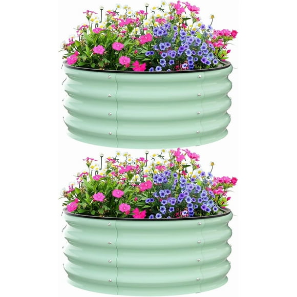 Raised Garden Beds Outdoor, 2 Pack 2x2x1 FT Galvanized Raised Garden Bed for Gardening, Round Metal Planter Box for Planting Plants Vegetables and Flower, Green