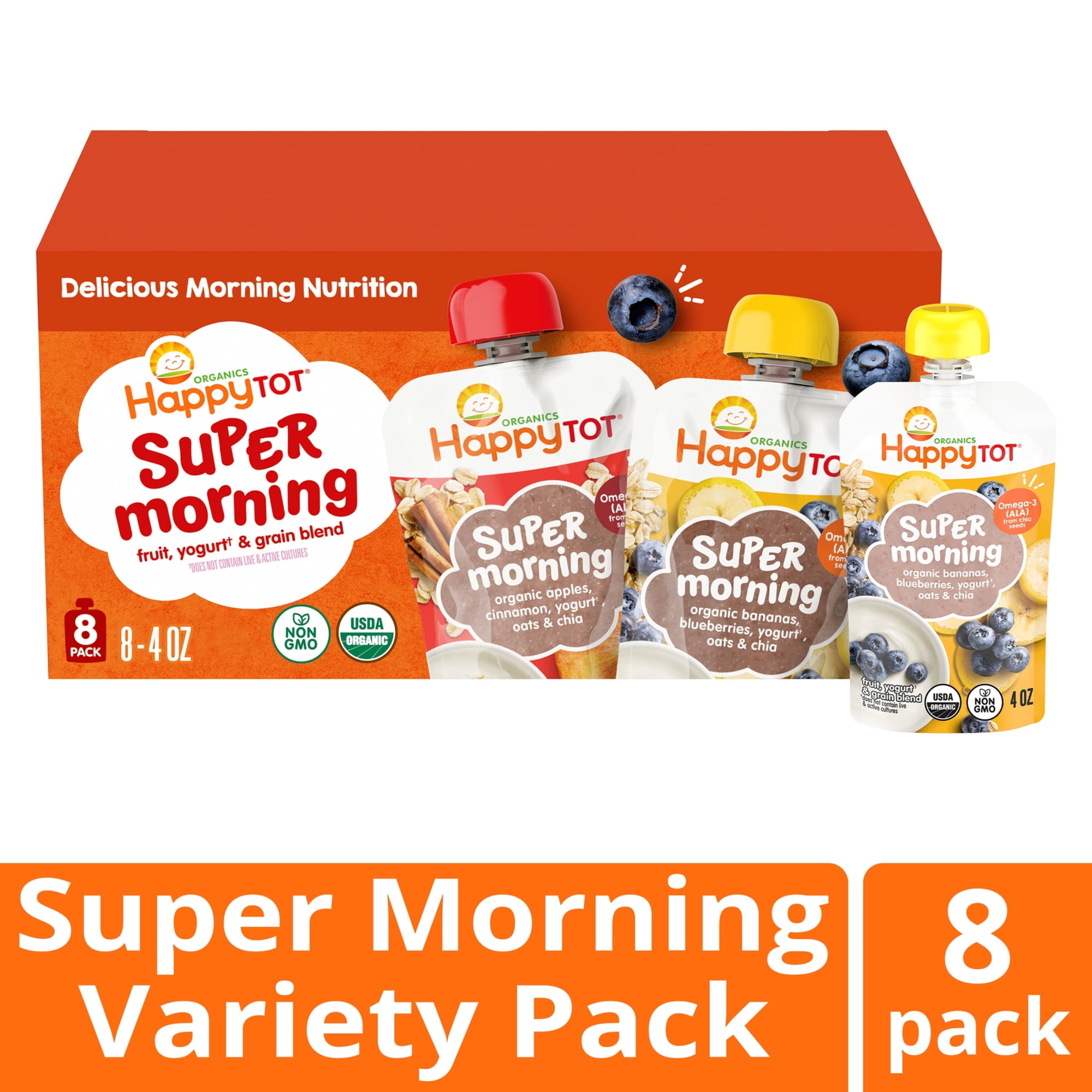 Happy Tot Organics Super Morning Stage 4, 2-Flavor Variety Pack Organic Tot Food, 4 oz (8 Pouches)