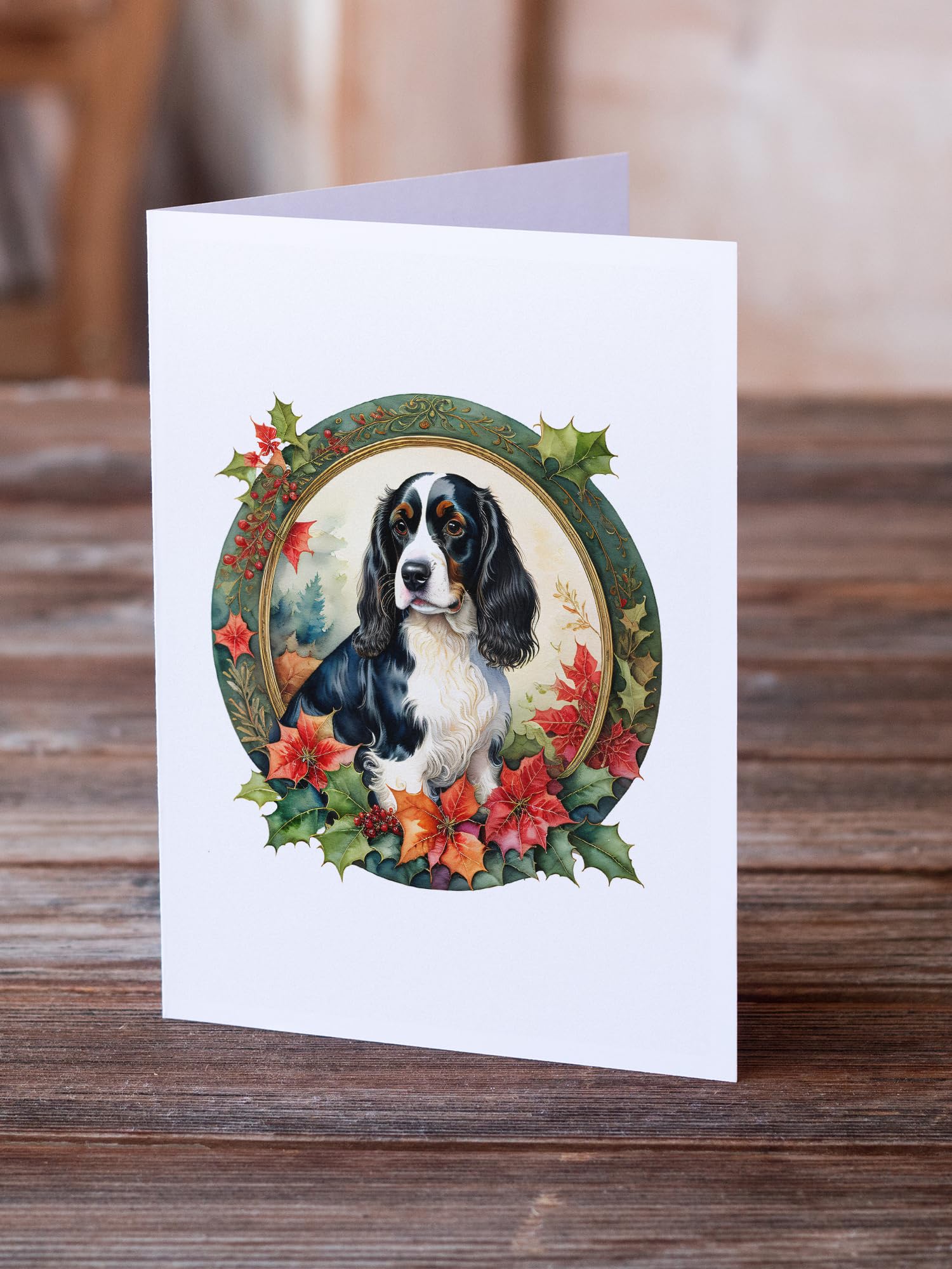 English Springer Spaniel Christmas Flowers Greeting Cards Pack of 8 7 in x 5 in
