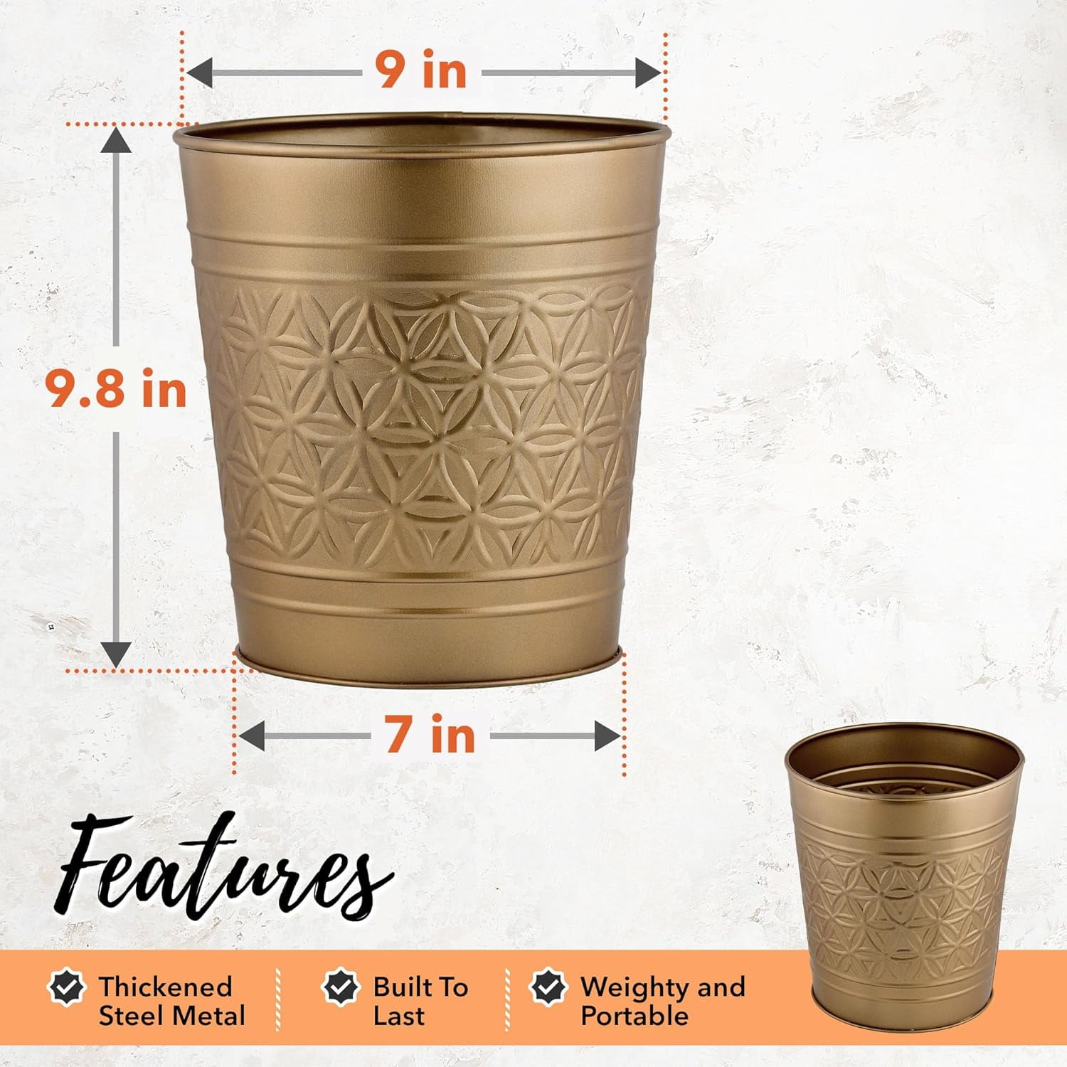 Autumn Alley 7 Liter Antique Gold Metal Bathroom Trash Can – Open Top Round Waste Basket for Bedroom, Office or Vanity