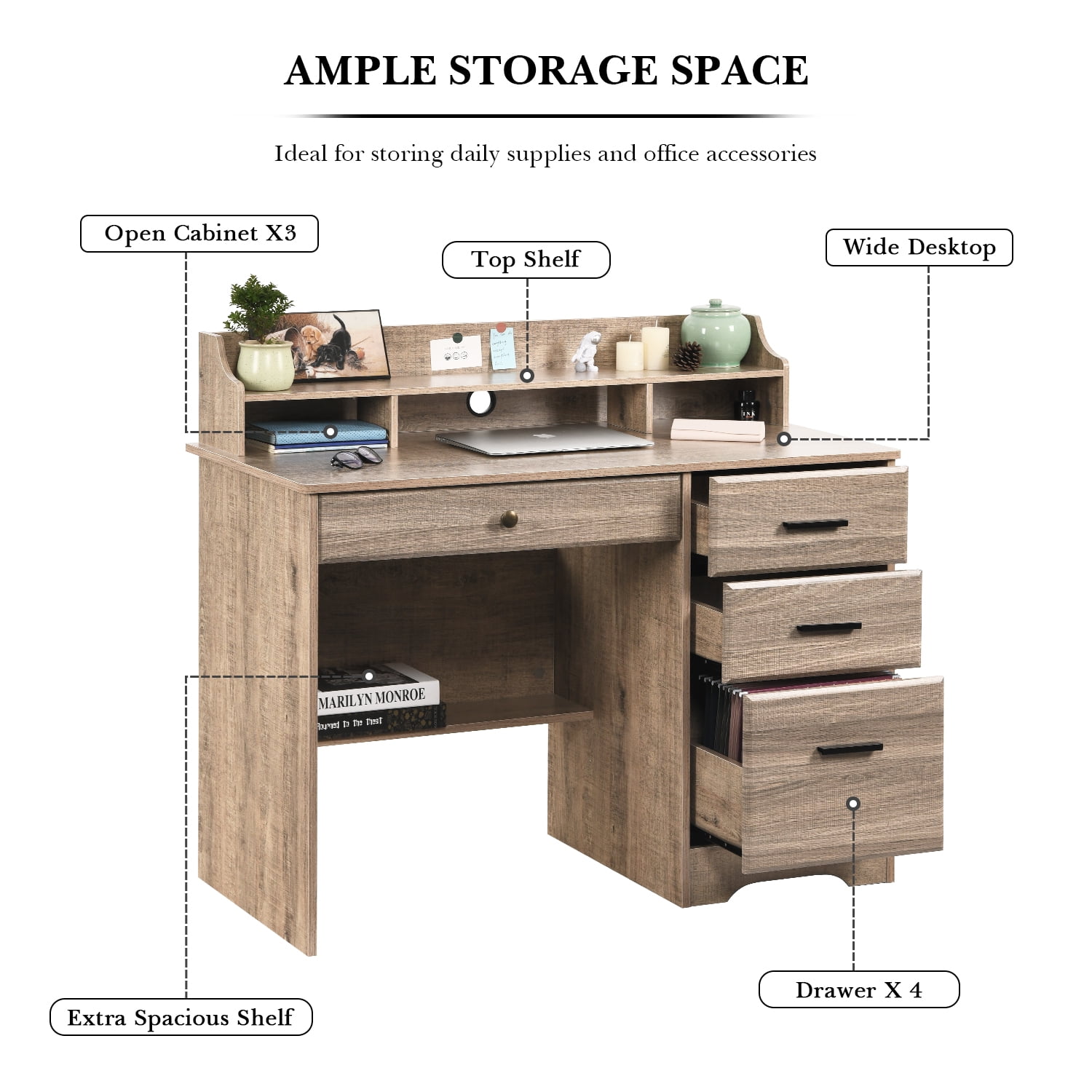 4 EVER WINNER Computer Desk with Drawers, Home Office Desk with Hutch Shelf, Small Desk with Storage for Small Space, Dark Oak