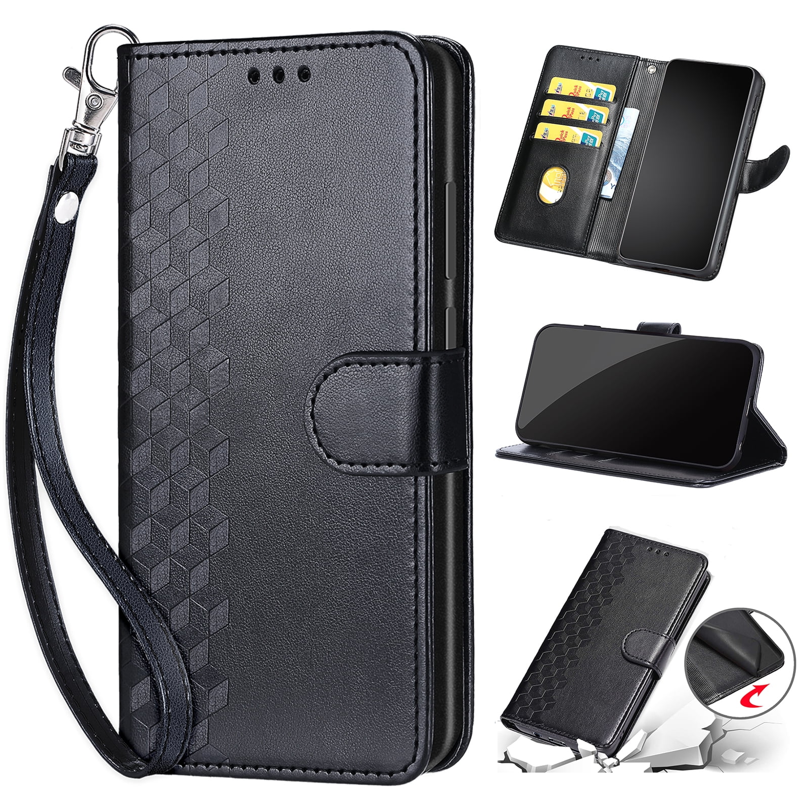 Luxury Embossed PU Leather Wallet Case for Samsung Galaxy S24 Ultra Flip Cover with Card Slots Kickstand & Hand Strap Shockproof Full-Body Protective Anti-drop Phone Case S1black