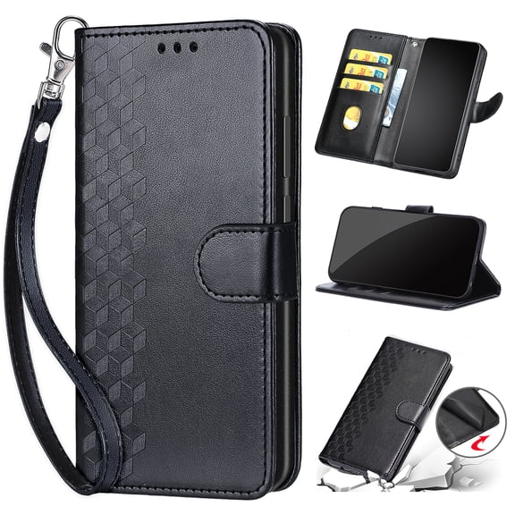 Luxury Embossed PU Leather Wallet Case for Samsung Galaxy A17 5G, Flip Cover with Card Slots Kickstand & Hand Strap Shockproof Full-Body Protective Anti-drop Phone Case, S1black