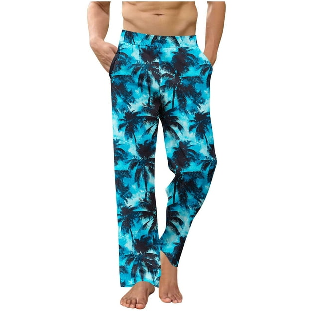 Gym Pants Men Man Solid-Color Loose Casual Multi-Pocket Yoga Elastic-Waist Pants Blue S