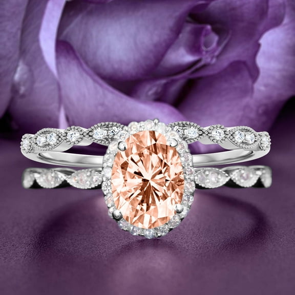 Art Deco 2.25 Carat Oval Cut Morganite And Diamond Moissanite Classic Engagement Ring, Halo Wedding Ring in 925 Sterling Silver With 18k White Gold Plating Gift For Her, Bridal Set, Matching Band