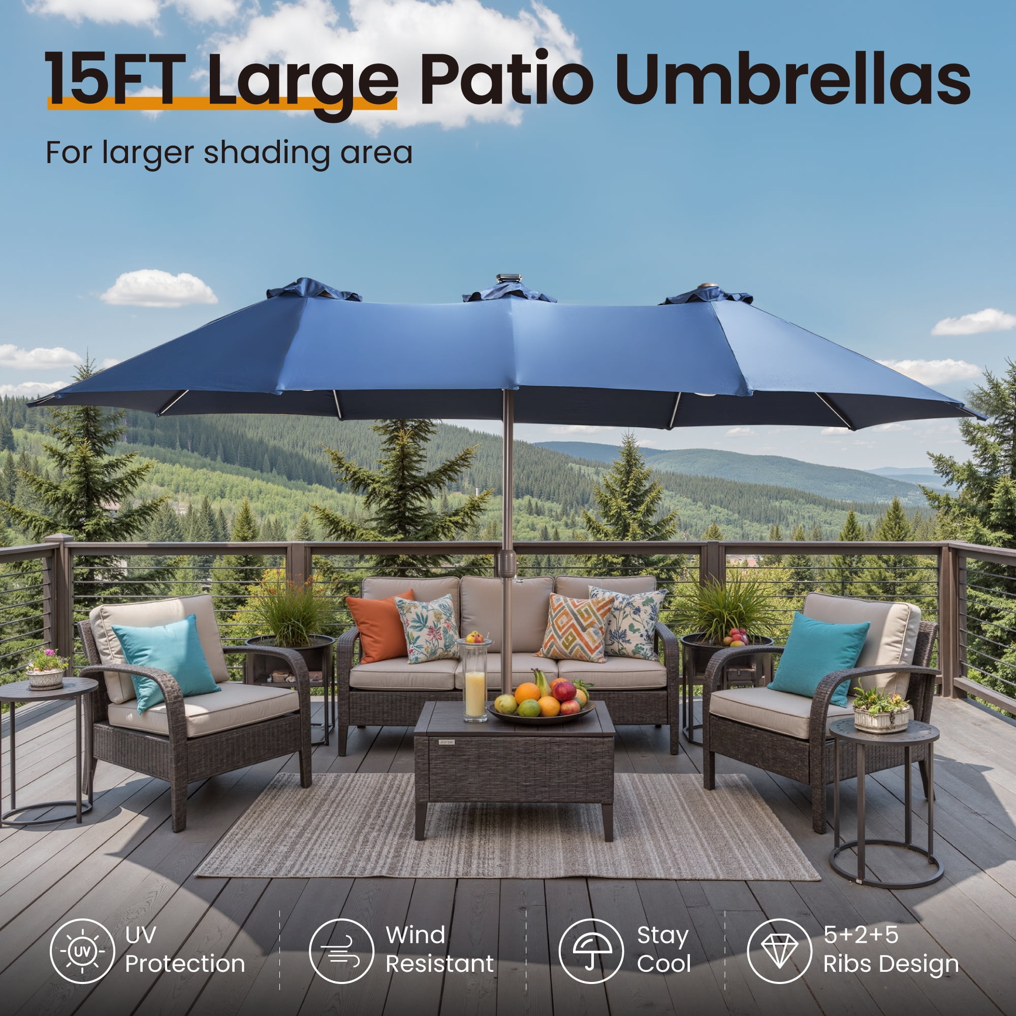 Ovios 15ft Solar LED Patio Umbrellas Double-Sided Outdoor Umbrella with 156 Colorful LED Lights Large Poolside Umbrella with Base, Blue