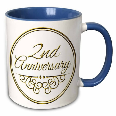 3dRose 2nd Anniversary gift - gold text for celebrating wedding anniversaries 2 second two years together - Two Tone Blue Mug,