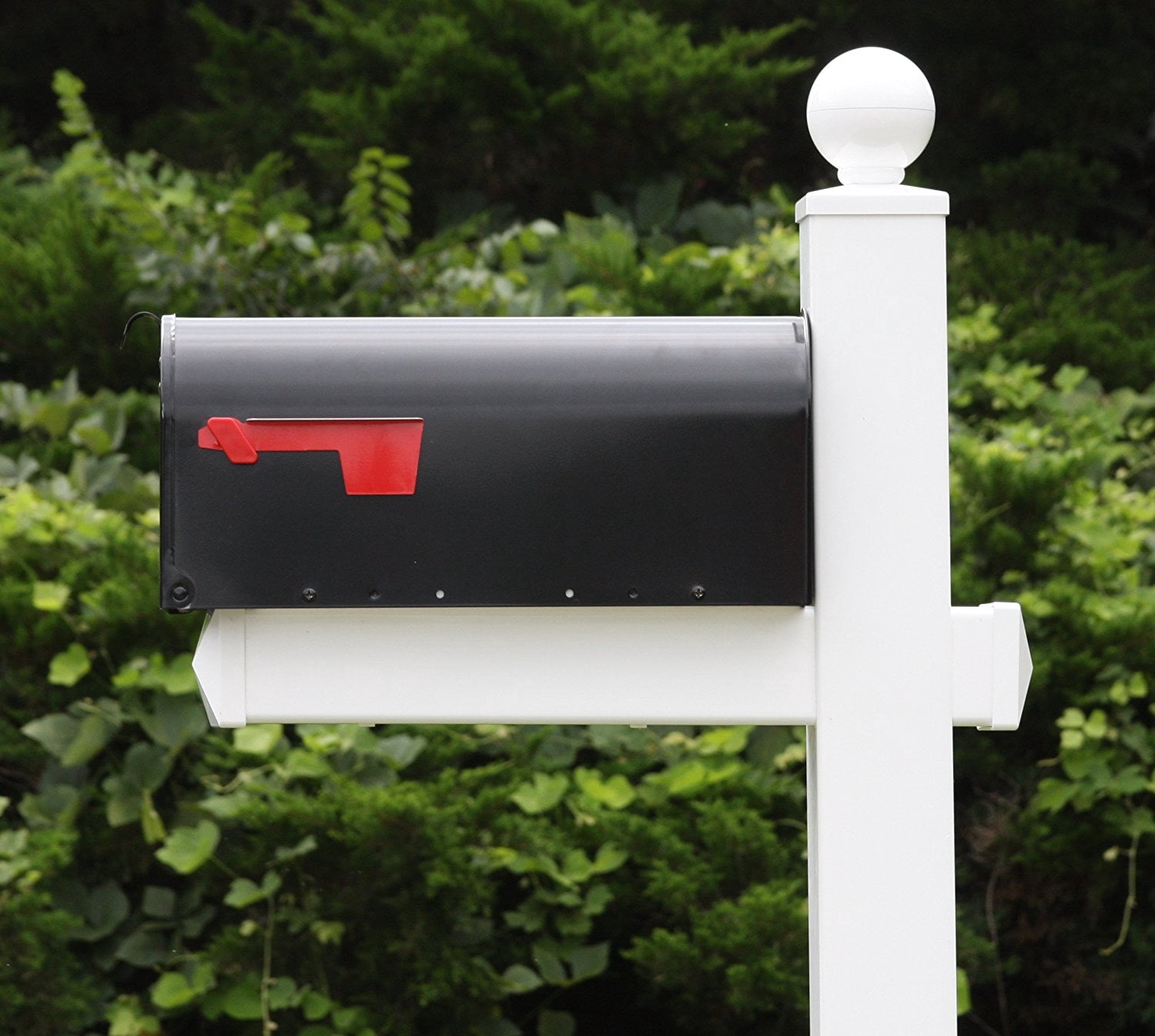 The Washington Mailbox System with White Vinyl Post Combo, Stand, and Black Mailbox Included