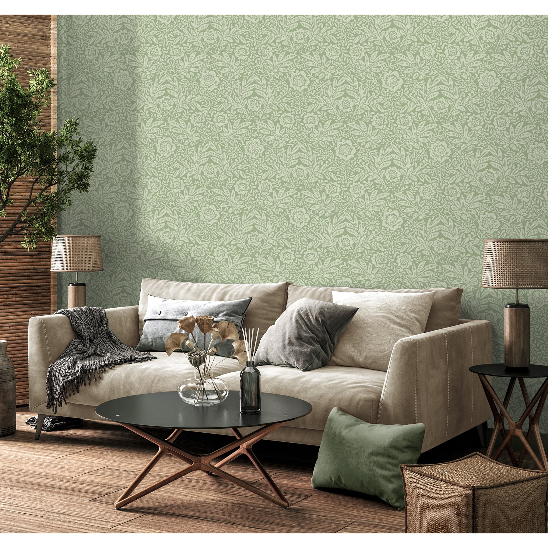 Fine Decor Camille Sage Damask Wallpaper, 20.5-in by 33-ft