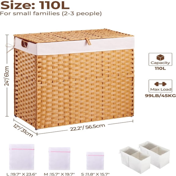 Laundry Hamper with lid, No Install Needed, 110L Wicker Laundry Baskets Foldable 2 Removable Liner Bags, 2 Section Clothes Hamper Handwoven Rattan Laundry Basket with Handles, Natural