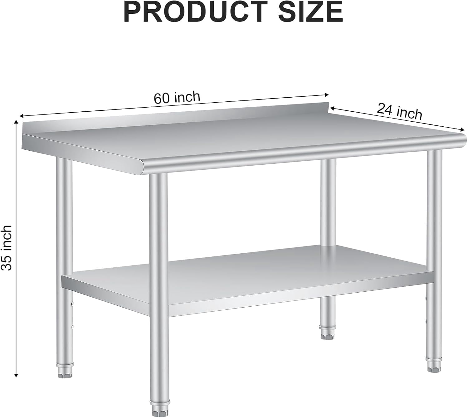 Stainless Steel Commercial Kitchen Worktable – Heavy Duty Prep Table with Backsplash, Adjustable Under Shelf, 60 x 24 Inches for Restaurant, Home & Outdoor