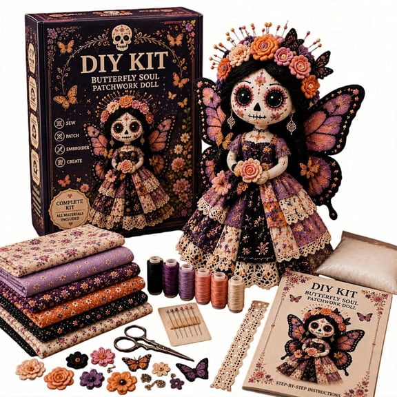 Day of the Dead Patchwork Doll DIY Kit, Sugar Skull Sewing Craft Kits for Adults, Halloween Fabric Doll Making Kit,Fall Home Decor Handmade Gift for Craft Lovers and Doll Collectors B