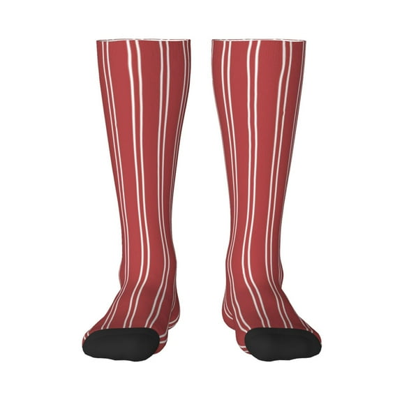 Qokaie Stripes Red White Print Women’s Trouser Socks, Stretchy Knee High Crew Socks, Fashionable,Breathable,Moisture-Wicking