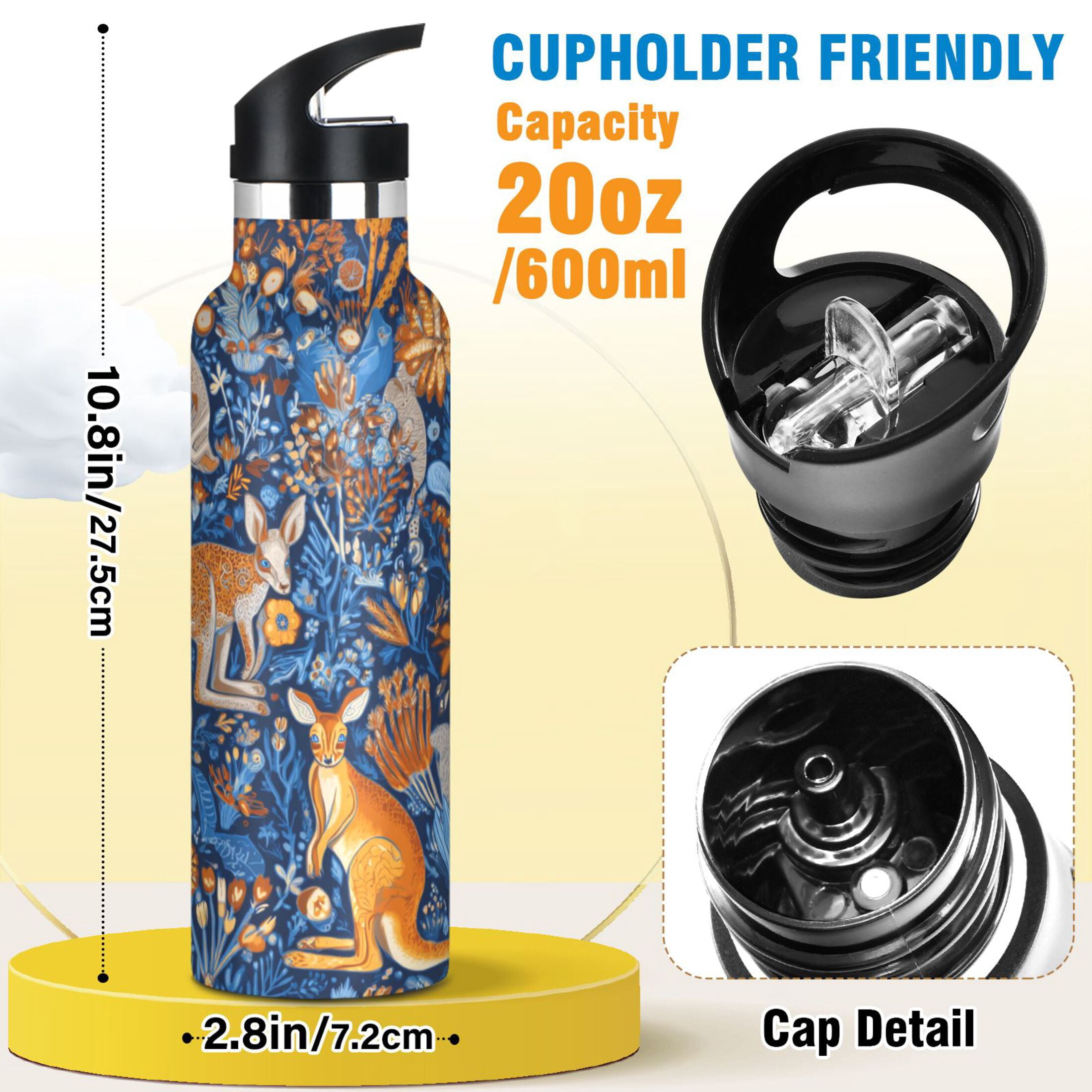 Kids Insulated Stainless Steel Sports Water Bottle 600ml (20oz) Kangaroos and Koalas Animals