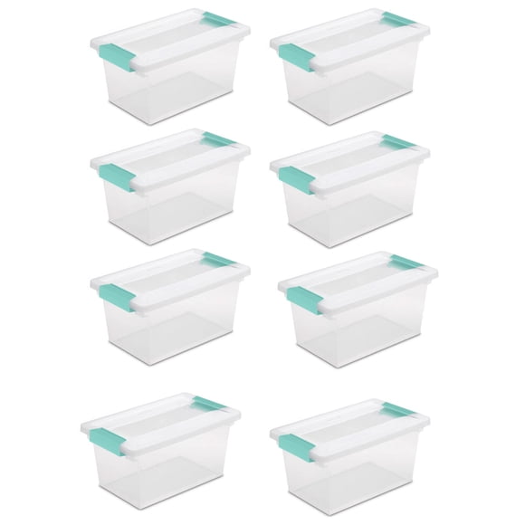 Sterilite Medium Clip Box, Stackable Small Storage Bin with Latching Lid, Plastic Container to Organize Office, Crafts, Clear Base and Lid, 4-Pack